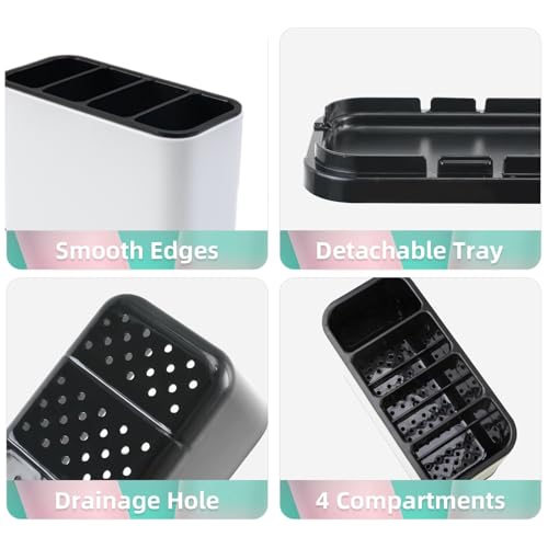 LIBODOUR Utensil Holder,Stainless Steel Caddy Counter,Spoon holder,4 Compartments Silverware Caddy,Capacity Flatware Spoon Fork Tool Cutlery Holder（White） - color: white
