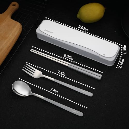 DEVICO Travel Utensils With Case, 18/8 Stainless Steel Camping Utensils, Reusable Portable Silverware Cutlery Set For Lunch Box, Include Fork Spoon Chopsticks - color: Gray