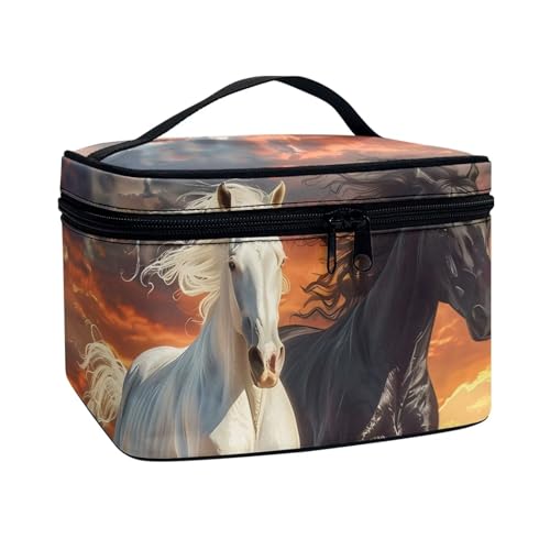 Cosmetic Brush Bags Case for Women Black White Horse Printed Travel Makeup Bags for Storage Brush Tools Concealer Lipsticks Toiletries Accessories - color: Black White Horse