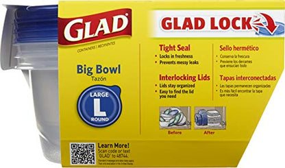Glad GladWare Big Bowl Food Storage Containers with Lids, Large Round No BPA Plastic Containers for Soups, Salads, and Meal Prep, Lock Tight Seal, Microwave Dishwasher Safe, 48 Oz, 3 Count - 6 Pack - size: 3 Count (Pack of 6), style: Round