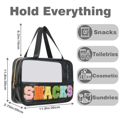 Snack Bags Chenille Letter Clear Makeup Bag Snacks Bags for Travel, Clear Snack Pouch, Preppy Cosmetic Bag, Sunscreen Bag, Travel Toiletry Pouches Cosmetic Pouch for Women and Girls - color: Black