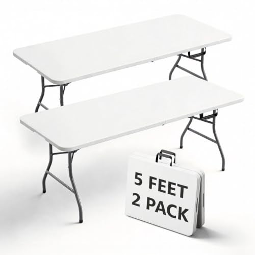 Folding Table 5FT 2 Pack Heavy Duty Plastic Table, Foldable & Portable, Fold-in-Half Utility Tables for Outdoor, Dining, Wedding, Events, Indoor, Picnic, Camping, Party,White - color: White, size: 5FT-2pack