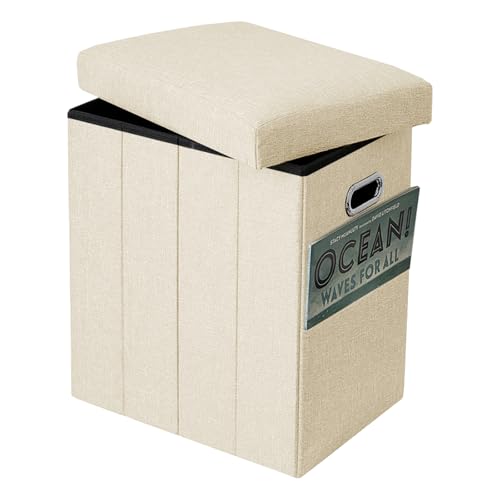 Tall Ottoman with Storage Collapsible Fabric Small Slim Folding Ottoman Furniture with Handles Lid for Room Footrest Foot Stool Linen Beige 16.5x16.5x11.8in - color: Beige