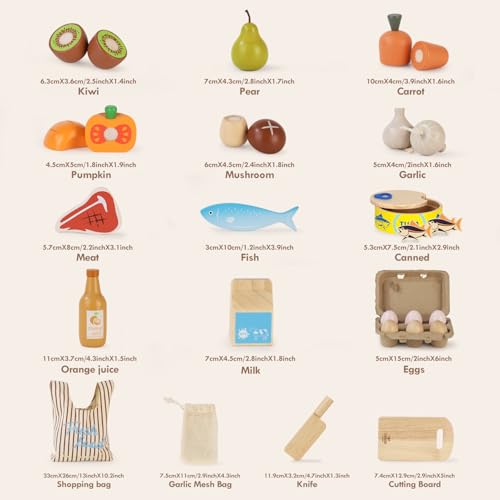 Lehoo Castle Wooden Play Food Sets for Kids Kitchen, Grocery Food Toys for Toddlers 3+ Year Old, Cutting Fruits Vegetables Meat Fish Shopping Bag, Pretend Play Kitchen Accessories Gift for Boys Girls
