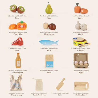 Lehoo Castle Wooden Play Food Sets for Kids Kitchen, Grocery Food Toys for Toddlers 3+ Year Old, Cutting Fruits Vegetables Meat Fish Shopping Bag, Pretend Play Kitchen Accessories Gift for Boys Girls