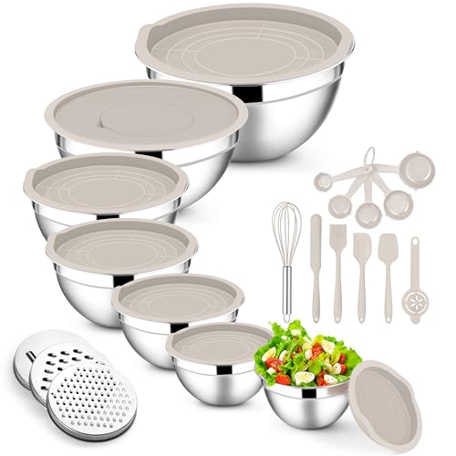 E-far Mixing Bowls with Lids Set, 21PCS Stainless Steel Mixing Salad Bowls with 3 Grater Attachments, Size 7, 4.6, 3.5, 2.6, 2, 1.5, 1QT, Nesting Design & Khaki Airtight Lid, For Baking/Prepping - color: Khaki, size: 7 Large Sizes