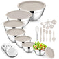E-far Mixing Bowls with Lids Set, 21PCS Stainless Steel Mixing Salad Bowls with 3 Grater Attachments, Size 7, 4.6, 3.5, 2.6, 2, 1.5, 1QT, Nesting Design & Khaki Airtight Lid, For Baking/Prepping - color: Khaki, size: 7 Large Sizes