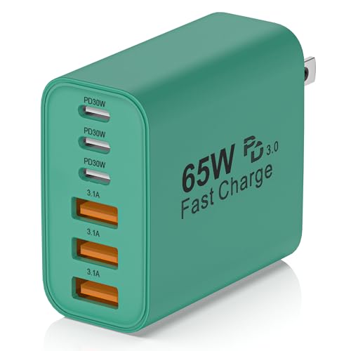65W USB C Charger Block,6-Port Multi Device Fast Charger PD QC Wall Adapter | GaN technology saves space and reduces heat,ideal for home,office,travel,wide compatibility for iphone and USBC devices（Green - color: Green