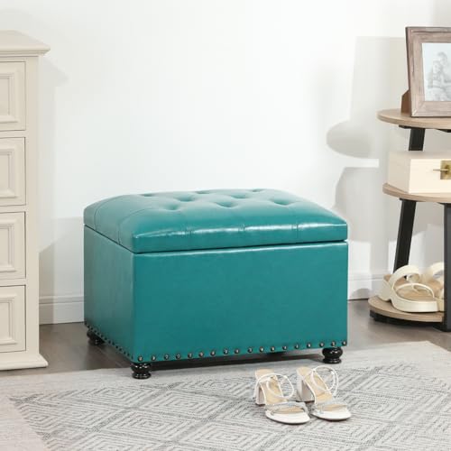 Joveco Leather Storage Ottoman, 24" Rectangle Tufted Upholstered Bench, Foot Rest Stool with Wood Legs, Footstool for Living Room, Bedroom - color: Teal Faux Leather