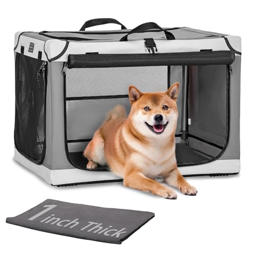 PETSFIT Portable Dog Crate for Medium Dogs, – 30" Soft Dog Travel Crates with Lockable Zippers & Thicken Mat, Adjustable Patented Spiral Steel Frame, Collapsible Kennel for Indoor & Outdoor - color: Light Gray(With Mat), size: 30.0"L x 20.0"W x 19.0"H
