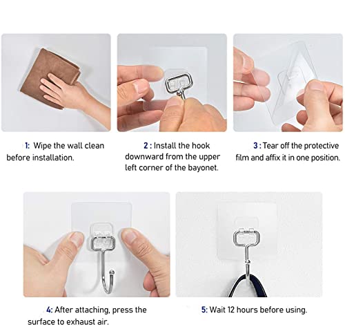 Large Adhesive Hooks 22Ib(Max),Waterproof and Rustproof Wall Hooks for Hanging Heavy Duty,Stainless Steel Towel and Coats Hooks to use Inside Kitchen Bathroom Home and Office 8 Pack (Transparent)