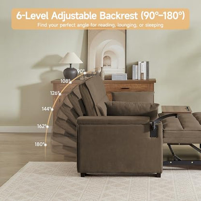 hansones 65'' 3-in-1 Folding Convertible Sofa Bed, Pullout Sofa, Modern Chenille Fabric, 360° Swivel Side Table, Easy Assembly, Perfect for Living Room(ZY-1107A-Brown)