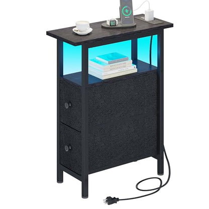 TRIFEBLE End Table with Charging Station, Narrow Side Table with 2 Fabric Drawers, Skinny Nightstand with LED Light, Slim Bedside Table for Bedroom, Living Room, Small Spaces, Black - color: Black