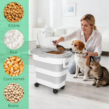 ShineMe Dog Food Storage Container, 30 Lbs Collapsible Food Storage Containers with Rolling Wheel Airtight Locking Lid, Cat Foods Bin with Cup and Scoop, Suitable for Pet Snack, Rice, Flour (Grey) - color: 30 Lbs Grey