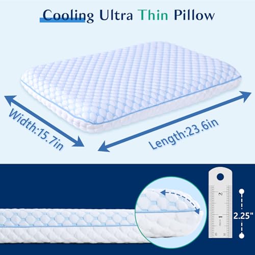 Stomach Sleeping Pillow for Stomach & Back Sleepers,Cooling Gel Thin Memory Foam Pillows for Back Shoulder Neck Pain Relief - Low Profile Ultra Flat Soft Pillow Cases with Zipper 2.25-Inches - size: 2.25"H (Standard) Hyper Slim with Bag