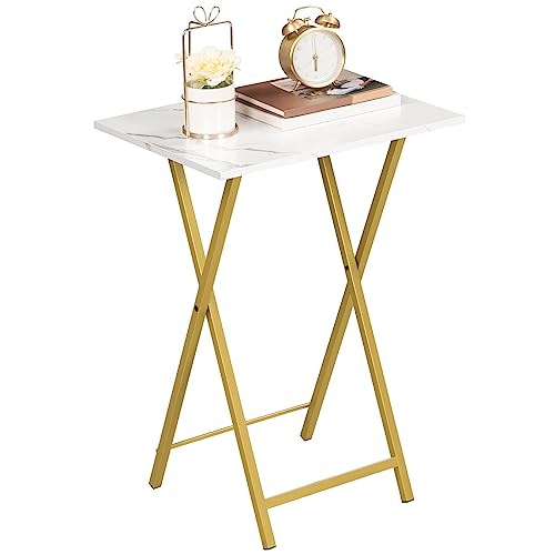 HOOBRO Folding TV Tray Tables, Set of 4 TV Trays with Storage Rack, Industrial Side Table for Eating at Couch, Foldable Snack Table for Small Space, Easy Assembly, Marble and Gold DM50BZ01 - color: Marble + Gold