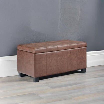 SIMPLIHOME Dover Storage Ottoman Bench - 36 inch Wide Upholstered Vegan Leather Rectangular Lift-Top Ottoman in Distressed Umber Brown, Contemporary Bench for Living Room with Safety Hinges - color: Distressed Umber Brown