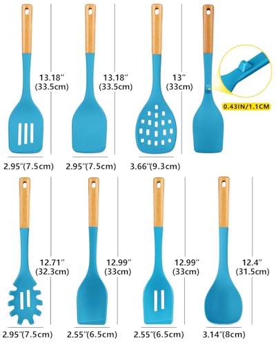 Silicone Kitchen Utensil Set for Non Stick Cookware, 7 Pcs Heat Resistant Cooking Utensils with Wooden Handle, BPA Free Kitchen Tools with Spatulas, Spoons, Skimmer and Pasta Fork (BLUE) - color: Blue