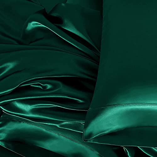 Homiest 3pcs Satin Sheets Set Luxury Silky Satin Bedding Set with Deep Pocket, 1 Fitted Sheet + 1 Flat Sheet + 1 Pillowcase (Twin XL Size, Blackish Green) - color: Blackish Green, size: Deep pocket - Twin XL size