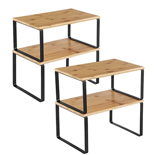SONGMICS Cabinet Organizer Shelf, Set of 4 Kitchen Counter Shelves, Kitchen Storage, Spice Rack, Stackable, Expandable, Metal and Engineered Wood, Ink Black and Natural Beige UKCS10NB - color: Ink Black + Natural Beige, size: 11.7"W