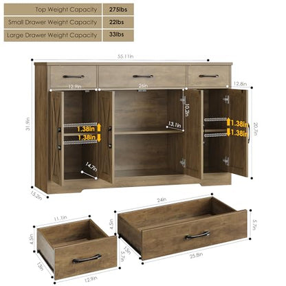 HOSTACK Buffet Sideboard Cabinet with Drawers, 55" Large Buffet Storage Cabinet with Shelves and Doors, Modern Farmhouse Coffee Bar Station Wood Kitchen Table for Kitchen, Dining Room, Rustic Brown - color: Rustic Brown