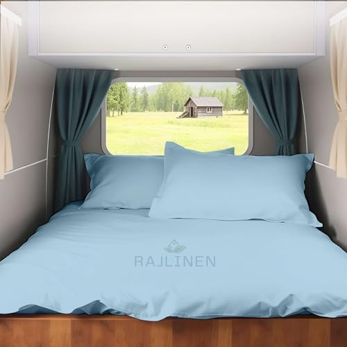 Short Queen RV Camper Sheet Set (60x75) – 100% Egyptian Cotton, Soft & Cooling, 16” Deep Pocket Fitted Sheet, Luxury Hotel Quality Bedding for RVs, Campers & Motorhomes (Light Blue Solid) - color: Light Blue Solid, size: Short Queen (60X75)