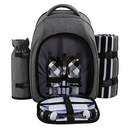 apollo walker Picnic Backpack Bag for 2 Person with Cooler Compartment, Detachable Bottle/Wine Holder, Fleece Blanket, Plates and Cutlery Set (2Person,Grey) - color: Grey1, size: 2 Person