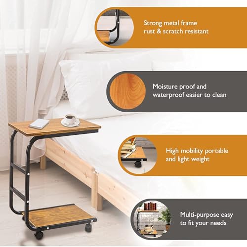 BROWN-BROWN Movable Night Stand Side Table Tray Cart 4 Wheels Wood Office Home Desk Shelf Organizer Rustic Brown Mini