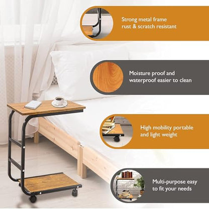 BROWN-BROWN Movable Night Stand Side Table Tray Cart 4 Wheels Wood Office Home Desk Shelf Organizer Rustic Brown Mini