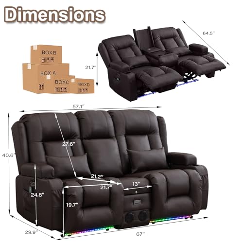 TUNYI Power Loveseat Recliner Sofa with Massage & Heat Home Theater Seating with Console RV Recliner Loveseat Sofa with USB/Storage/Side Pocket/LED Light/Speaker (Brown, Loveseat) - color: Brown, size: 2 Seat