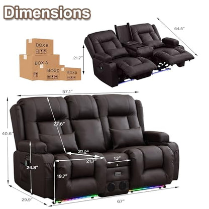 TUNYI Power Loveseat Recliner Sofa with Massage & Heat Home Theater Seating with Console RV Recliner Loveseat Sofa with USB/Storage/Side Pocket/LED Light/Speaker (Brown, Loveseat) - color: Brown, size: 2 Seat