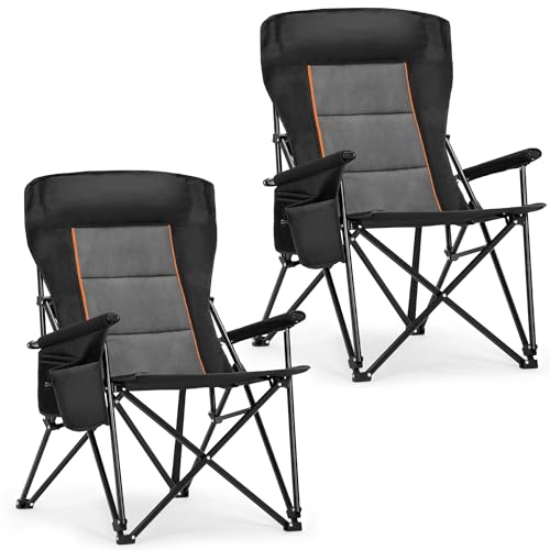 ALPHA CAMP Oversized Folding Camping Chairs for Adults High Backrest Heavy Duty Lawn Chairs Support 500 LBS Portable Camp Chairs with Cup Holders Large Side Pocket Outdoor Chair 2 Pack - color: Black-2