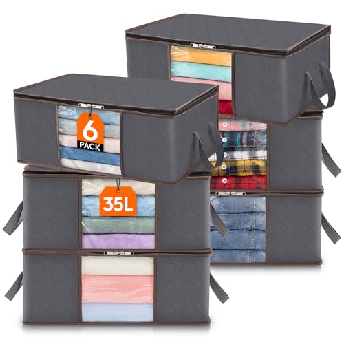 Lifewit 6 Pack Clothes Storage Bag, Foldable Storage Bin Closet Organizer with Reinforced Handle, Sturdy Fabric Blanket Storage with Clear Window, Storage Containers for Clothing, Bedding, Gray - size: 35L