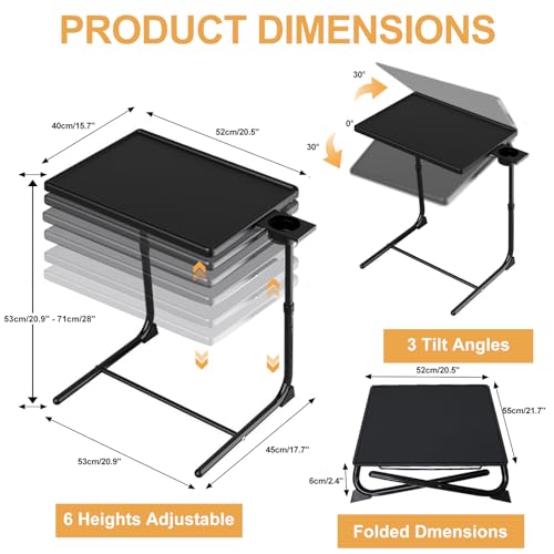 Adjustable TV Tray Table - 6 Height & 3 Tilt Angle Adjustments | Multifunctional Foldable Tray Table with Removeable Cup Holder for Eating or Working on Couch, Bed & Office