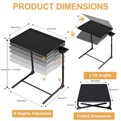 Adjustable TV Tray Table - 6 Height & 3 Tilt Angle Adjustments | Multifunctional Foldable Tray Table with Removeable Cup Holder for Eating or Working on Couch, Bed & Office