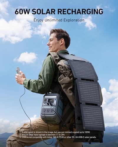 Anker Solar Generator SOLIX C300 with 60W Solar Panel, 288Wh Portable Power Station, 300W (600W Surge), LiFePO4 Battery, 140W Two-Way Fast Charging, for Outdoor Camping, Traveling, and Emergencies - style: 60W Solar Panel + C300