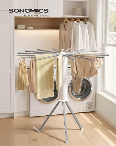 SONGMICS Clothes Drying Rack Foldable, Rotary Tripod Laundry Drying Rack, Rotatable Portable Floor Standing Clothes Airer, Laundry Room Balcony, 16 Pull-Out Aluminum Alloy Arms, Silver ULLR531EW01 - style: Aluminum Alloy Arms