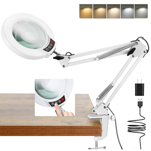 10X Magnifying Glass with Light and Clamp, Real Glass Stand Lighted Magnifier, 5 Color Modes Stepless Dimmable LED Desk Lamp Hands Free for Crafts Hobby Reading Painting Sewing Close Work White - color: White, size: 10X