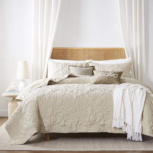 WDCOZY Coastal Beach Beige Twin Size Quilt Bedding Sets, Nautical Tropical Ocean Bedspread, Scallop Seashell Soft Coverlet, Lightweight Summer Thin Comforter for All Season - color: Beige, size: Twin(68"x90")