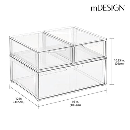 mDesign Plastic Stackable Bathroom Storage Organizer Bin Containers with Front Pull Drawer for Bathroom Countertop, Vanity, Closet Shelves - Holder for Accessories, Lumiere Collection, Set of 3, Clear - size: Mixed Sizes (Pack of 3)