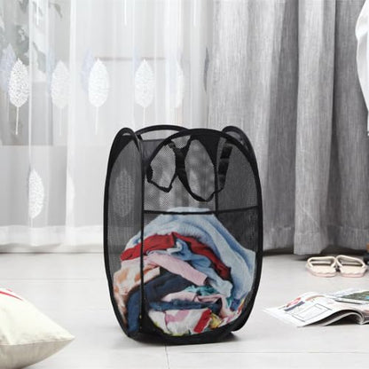 Larpur Popup Mesh Laundry Basket, Collapsible and Portable Clothes Washing Laundry Hamper with Reinforced Carry Handle (Black 2pcs) - color: 2*BLACK