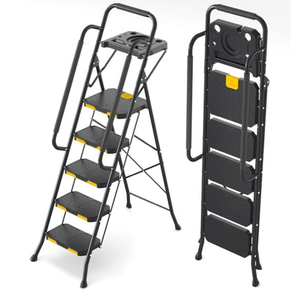 KINGRACK 5 Step Ladder, Sturdy Steel Step Stool with Anti-Slip Wide Pedals, Handrail, Safe-Lock Design, 800lbs Folding Portable Ladder for Multi-Purpose, Home, Kitchen - size: 5-Steps with tool tray