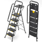 KINGRACK 5 Step Ladder, Sturdy Steel Step Stool with Anti-Slip Wide Pedals, Handrail, Safe-Lock Design, 800lbs Folding Portable Ladder for Multi-Purpose, Home, Kitchen - size: 5-Steps with tool tray