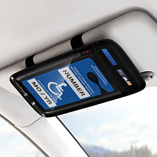 SITHON Handicap Placard Holder for Car Visor, Disabled Parking Permit Sign Protector with Pen Holder, Card Slots and Elastic Strap, Black