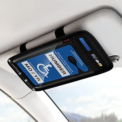 SITHON Handicap Placard Holder for Car Visor, Disabled Parking Permit Sign Protector with Pen Holder, Card Slots and Elastic Strap, Black