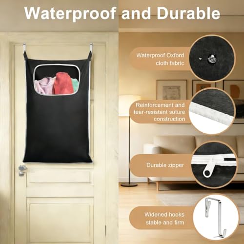 Hanging Laundry Hamper, Over the Door Laundry Hamper with Wide Opening and Full-Length Zipper, Easy Storage & Access, Space Saving for Bathroom, Bedroom, Dorm, Travel (Black)