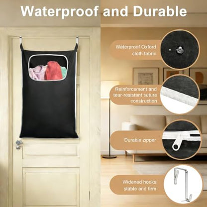 Hanging Laundry Hamper, Over the Door Laundry Hamper with Wide Opening and Full-Length Zipper, Easy Storage & Access, Space Saving for Bathroom, Bedroom, Dorm, Travel (Black)