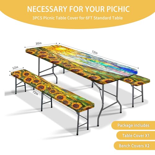 Picnic Table Cover with Bench Covers 72IN 6FT, Camping Essentials Tablecloth Waterproof Oilproof with elastic Edge for Indoor Outdoor Patio (Sunflower Sun) - color: Sunflower Sun