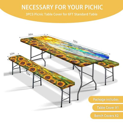 Picnic Table Cover with Bench Covers 72IN 6FT, Camping Essentials Tablecloth Waterproof Oilproof with elastic Edge for Indoor Outdoor Patio (Sunflower Sun) - color: Sunflower Sun