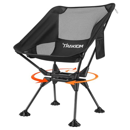 Trakiom 360° Swivel Folding Camping Chairs, Compact and Portable Chair for Outdoor Camp, Foldable Chairs with Anti-Sinking Large Feet for Travel, Beach, Picnic, Sports, Fishing Support 300 LBS(Black)